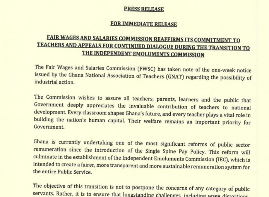 Fair Wages And Salaries Commission Reaffirms Its Commitment To Teachers And Appeals For Continued Dialogue During The Transition To The Independent Emoluments Commission